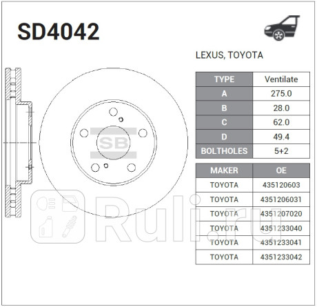 SD4042 - Диск тормозной передний (HI-Q) Toyota Camry V30 (2001-2006) для Toyota Camry V30 (2001-2006), HI-Q, SD4042